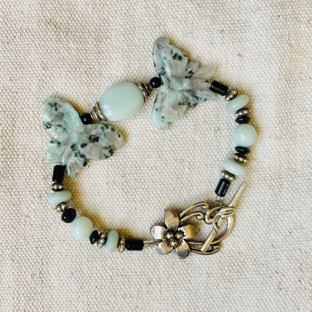 Vintage Aqua Butterflies Gemstone Silver Flower Statement Stone Black Beads 8”